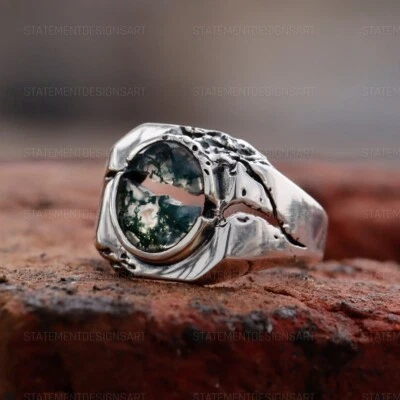Moss Agate Men Ring  Gemstone Ring 925 Sterling Silver Ring Gift For Mens - Image 1 of 4