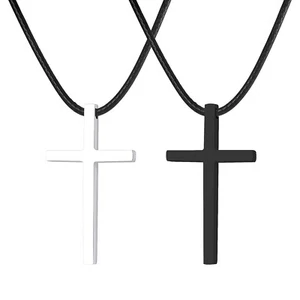 Mens Cross Pendant Necklaces Religous Faith Jewellery Black Leather Cord Rope - Picture 1 of 11