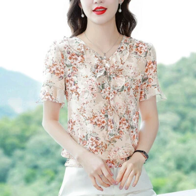 Women's Ruffle V Neck Floral Chiffon Shirt Summer Short Sleeve Ladies Blouse Top - Image 1 of 4