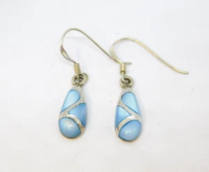 Pair of Sterling Silver Blue Shell Peadrop Hook Earrings Vintage c1970 - Picture 1 of 5