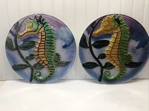 Sea Life Decorative Glass Plate With  Raised Sea Horse Pattern Lot Of 2 Gift - Picture 1 of 5