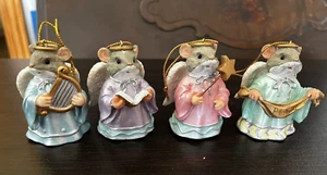 4 Vintage Angel Mice Christmas Ornaments w/Harp, Star Wand, Peace, Caroling Book - Picture 1 of 10