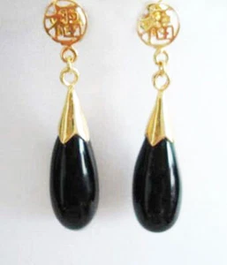 Genuine Black Agate Onyx Teardrop Water Drop 18KGP Fortune Stud Dangle Earrings - Picture 1 of 2