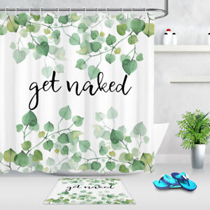 Watercolor Green Leaves Get Naked White Shower Curtain Set for Bathroom Decor