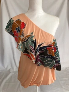Free People Pullover Top size L One Shoulder Annka Ruffle Stretch Peach Floral - Picture 1 of 6