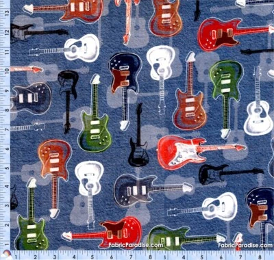 Rockin' Out, Man Cave, Music Guitars Robert Kaufman 100% Cotton Fabric 1/2 Metre
