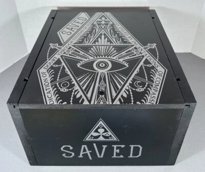 Wooden Wine Box Black 'SAVED' with Sliding Lid, 14x12x8" Seeing Eye Tarot - Image 1 of 4