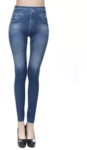 Jeans Look Leggings For Women Denim Printed Fake Jean Leggings Seamless Pants - Picture 1 of 3
