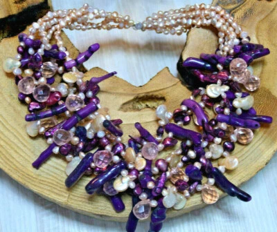 exklusive Perlen Kette Süßwasser Perlen Keshi mit Korallen  rosa lila Unikat  - Bild 1 von 4