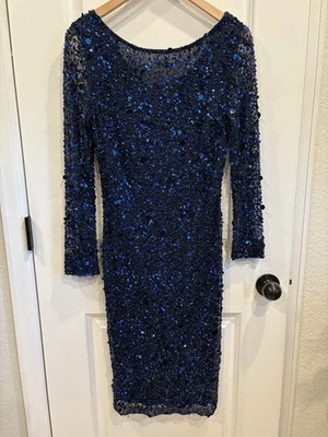 Vestido de lantejoulas Frank Lyman tamanho 8 manga longa azul marinho coquetel noite - Imagem 1 de 4