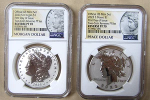 2 COIN SET 2023 REVERSE PROOF PEACE & MORGAN DOLLARS NGC PF70 FDOI - Picture 1 of 11