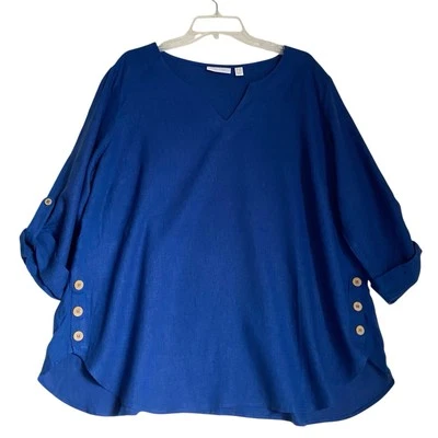 Туника Susan Graver Pure Linen Top 1XP синяя с круглым вырезом рулон вкладка рукав расслабленная - Изображение 1 из 4