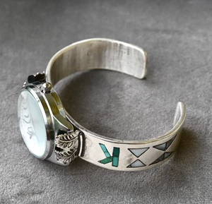 Ladies Zuni Watch Cuff Sterling, Turquoise & MOP Inlay w/ New watch-53gr 6 7/8" - Picture 1 of 13