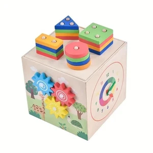 6-in-1 Wooden Cube Educational Toy – Shape Sorter, Numbers, Gears & Clock for To - Picture 1 of 9