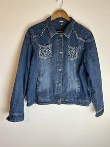Reba Womens Embroidered Rhinestones Slimming Denim Jacket Size XL 90s Y2K Biker - Picture 1 of 5
