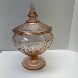 Anchor Hocking Depression Glass Mayfair Open Rose Pink Footed Covered Candy Dish - Picture 1 of 8