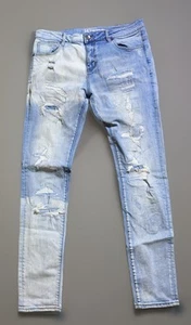 Crysp Denim Jeans Mens Size 34 Blue Stonewashed Skinny Distressed Patch Stretch - Picture 1 of 19