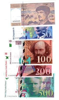 SERIES SET 5 BANKNOTES France 20 DEBUSSY 50 100 CEZANNE 200 EIFFEL 500 CURIE NEW - image 1 of 2