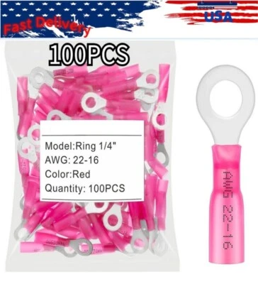 Conectores de crimpagem de fio à prova d'água 22-16AWG termorretrátil anel terminais 1/4" 100 peças - Imagem 1 de 4