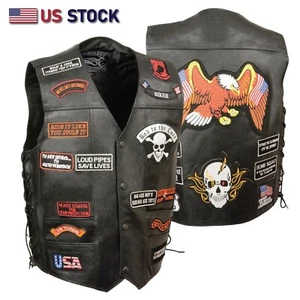 VEST LEATHER Biker Black Real Cow Motorcycle 23 Patches US Flag Eagle MC ELM3920 - Picture 1 of 7