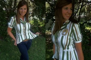 Miss Tina Taste of Couture Signature Fabric Green Striped Fishtail Shirt Top S 4 - Picture 1 of 12