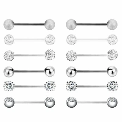 12 pcs Surgical Steel CZ Barbell Nipple Rings Tongue Rings Nipplerings Piercing - Image 1 of 4