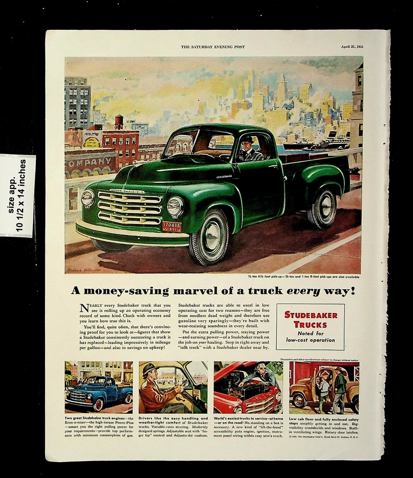 1951 Studebaker Trucks Money Saving Man City Green Vintage Print Ad 22630 - Image 1 of 1