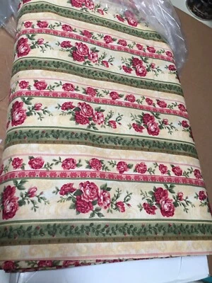 Cotton Fabric 1 Yard Olde English Garden Rose Stripe Red Green on Gold Yellow - Image 1 of 4