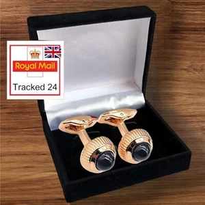 MENS PREMIUM ROUND ROSE GOLD CUFFLINKS Wedding Gift Suit SET  IN CUFFLINK BOX UK - Picture 1 of 8