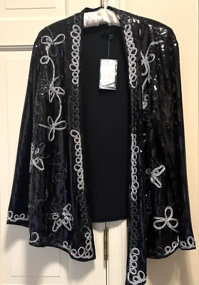 INVESTMENTS Petite Black Sequin Long Sleeve Open Front Women Cardigan Jacket PL - Image 1 of 4