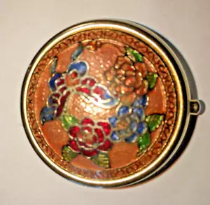Scatola portagioie compatta con cerniera trucco metallo oro smalto cloisonne floreale vintage - Foto 1 di 8