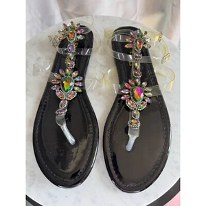 Si Li Si Shoes Jeweled Thong Sandals Clear Strap Rhinestone Sparkle Size 43 - Picture 1 of 8