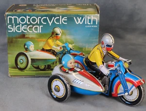 Motocicleta mecánica litográfica de hojalata vintage en caja con coche lateral juguete MS-709 funcionando - Imagen 1 de 5