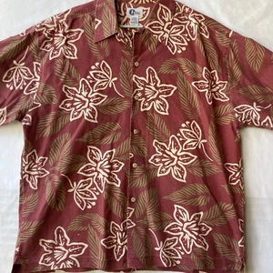 Vtg Arizona Jean Hawaiian Camp Shirt Hibiscus Palm Cotton Size L Mens Brown Tan - Picture 1 of 15