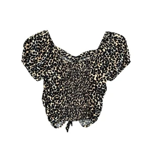 H&M Leopard Print Smocked Crop Top Puff Sleeve Ruched Tie Front Women’s Medium - Picture 1 of 5
