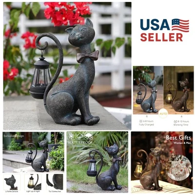 Estatua de gato solar ecológica - Intrincada decoración de linterna exterior en acabado bronce Foto 1 de 4