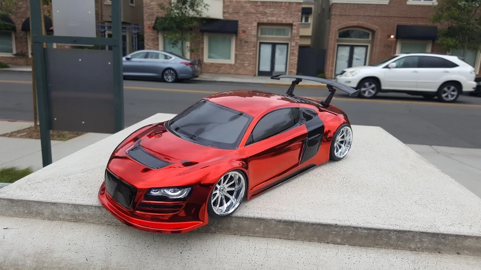 200mm 1/10 CHROME RED AUDI R8 4Tec2 drift HPI DC10 YD2 MST TT02 Body Only - Image 1 of 4