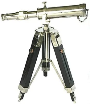 Handmade King Silver Brass Desk Telescope Wooden Tripod Stand - Image 1 of 3