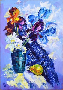 Vibrant Floral Still Life Painting Colorful Irises Vase Bold Brushstrokes - Picture 1 of 5
