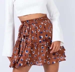 Minifalda Princess Polly con volantes en capas marrón azul talla 2 - Imagen 1 de 9