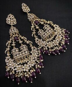 Gold Plated Indian Bollywood Kundan Bridal Chandbali Long Earring Jewelry Set