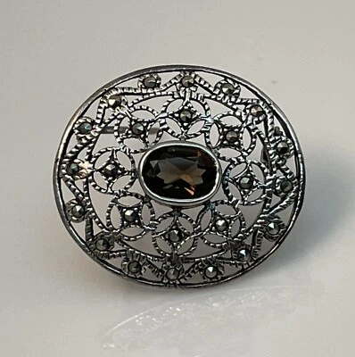 "Broche prendedor Marsala de plata de ley 925 cuarzo ahumado y marcasita joyería de 1""" Foto 1 de 4