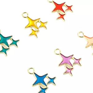 ❤ 20 x GOLD Plated TRIPLE STAR Enamel Charm Pendant 17mm Make Jewellery UK ❤ - Picture 1 of 7