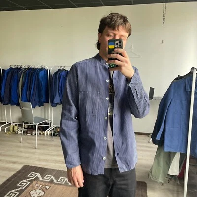 Винтажная французская немецкая рабочая одежда в полоску синяя рубашка куртка размер M - Изображение 1 из 4