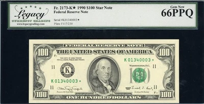 Fr. 2173-K* (K* Block) 1990 $100 Dallas Star Note Legacy Gem New 66 PPQ - Image 1 of 2