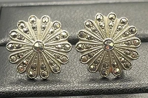 ExcellentUsedCondition Sterling Silver Marcasite Screwback Postless Earrings W15 - Picture 1 of 6
