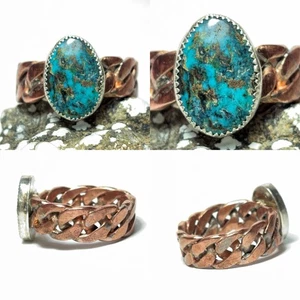 90 Ct Tw Copper Cuban Link & Silver Natural Blue Diamond Turquoise Ring Size 16 - Picture 1 of 18
