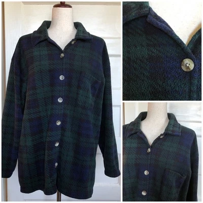 Vintage 90s Mountain Lake II Fleece Button Down Shirt Jacket 1X Blackwatch Plaid - Image 1 of 4