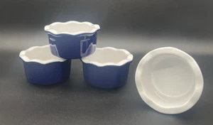 (set of 4) EMILE HENRY Cobalt BLUE Porcelain ruffle edge Round RAMEKINS  France - Picture 1 of 5