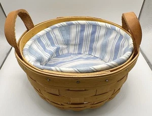 "Cesta redonda Longaberger 1994 con asas de cuero forro de tela azul blanco 6""" - Imagen 1 de 9